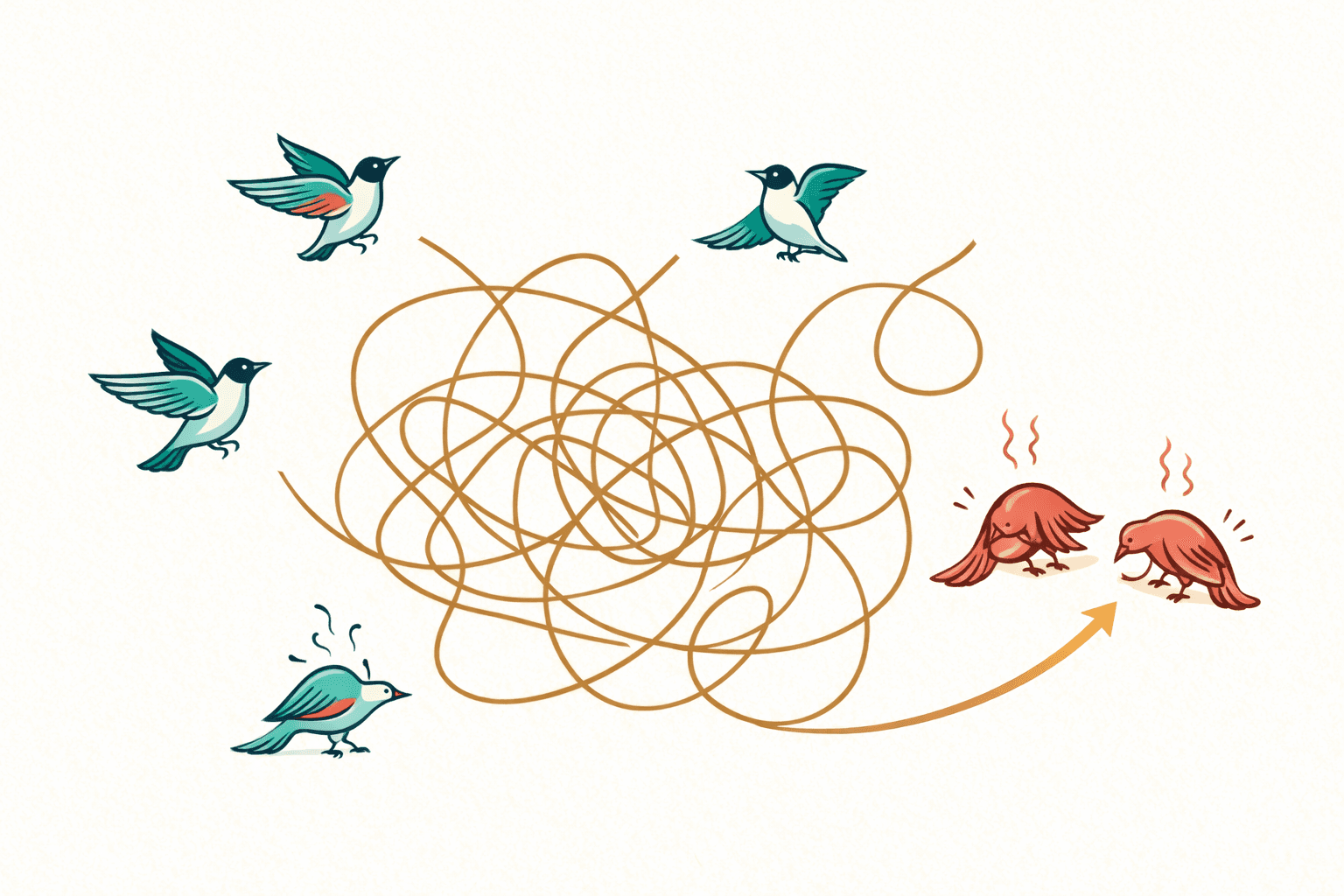 Birds flying in chaos with tangled paths, and two burned-out birds at the end — illustrating delivery without shared structure