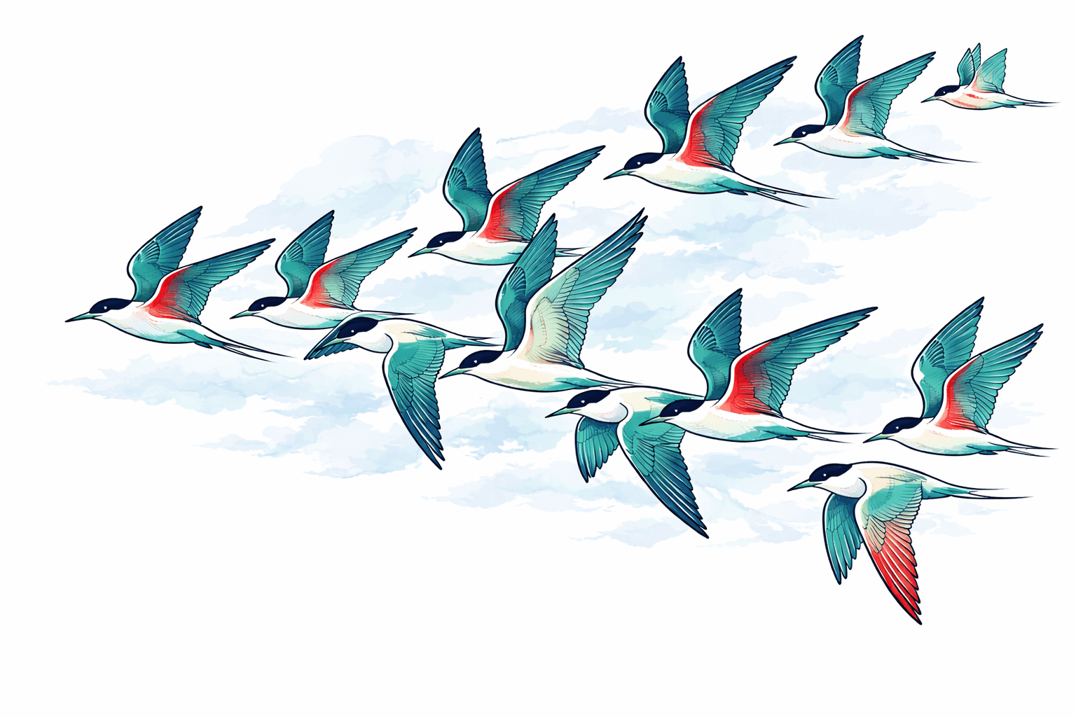 A flock of birds flying in perfect formation, representing healthy teams working together under FLOCK