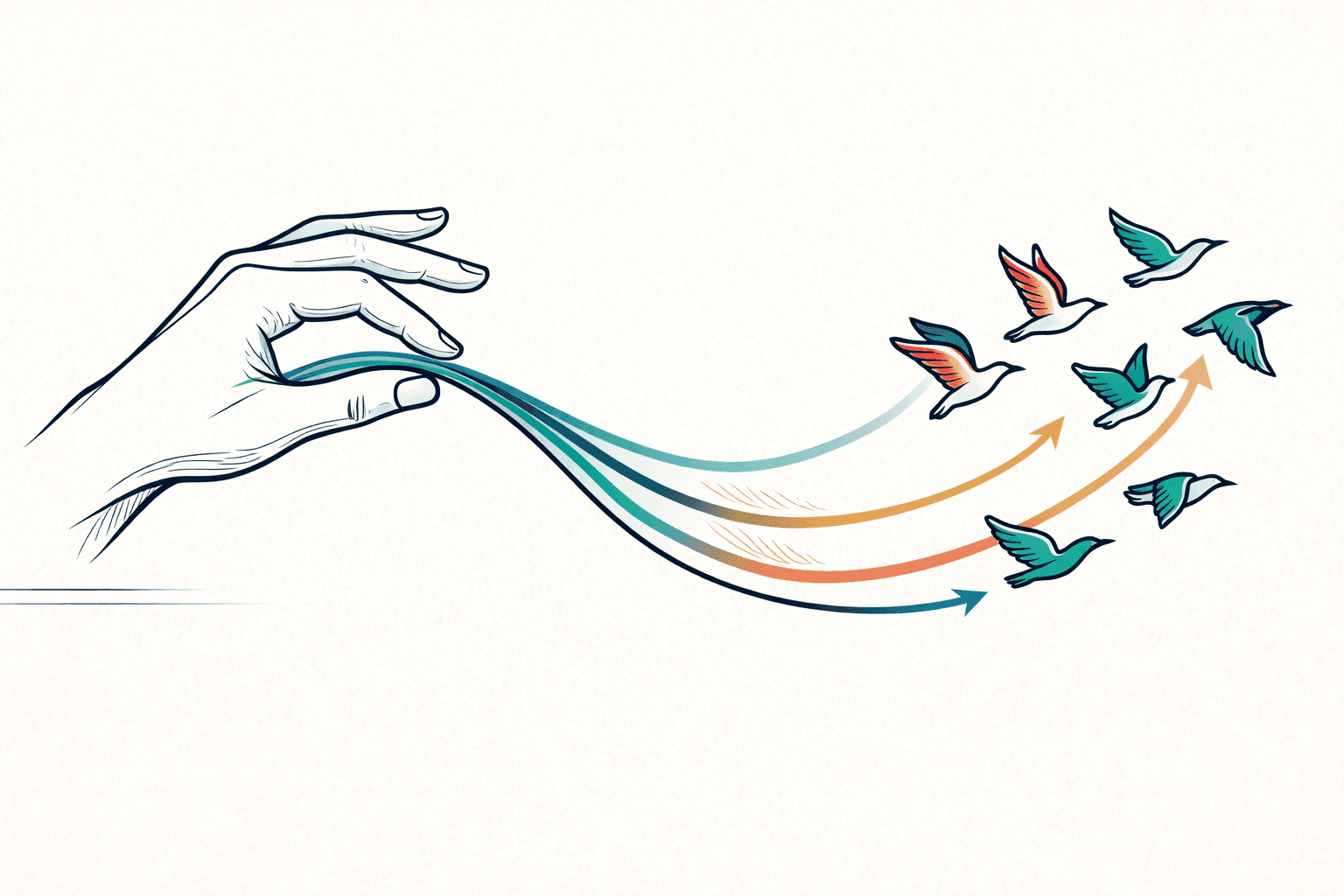 A hand releasing threads that become birds flying in different directions, representing leadership empowering teams